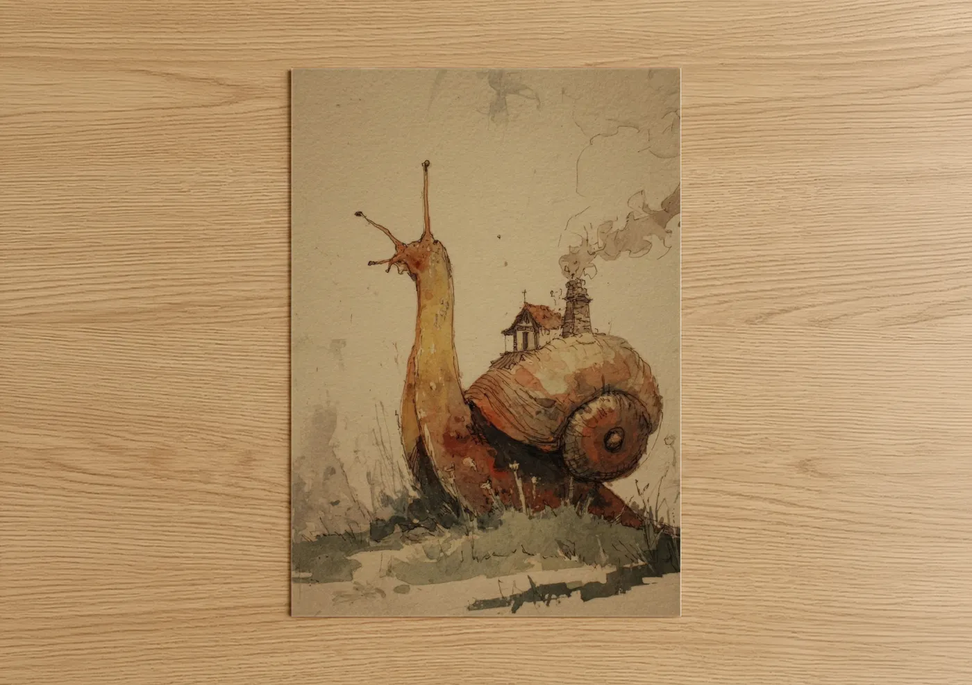 Art print on warm oak wood — russet and cream palette — Steampunk Snail poster