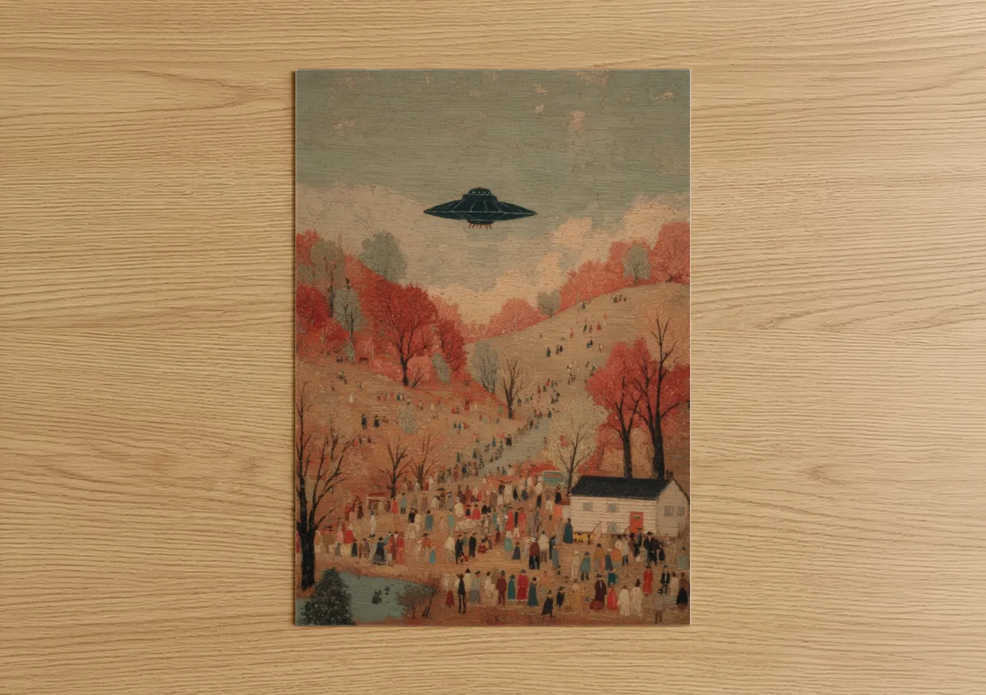 Art print on warm oak wood — russet and sage green palette — Autumn UFO Landing poster