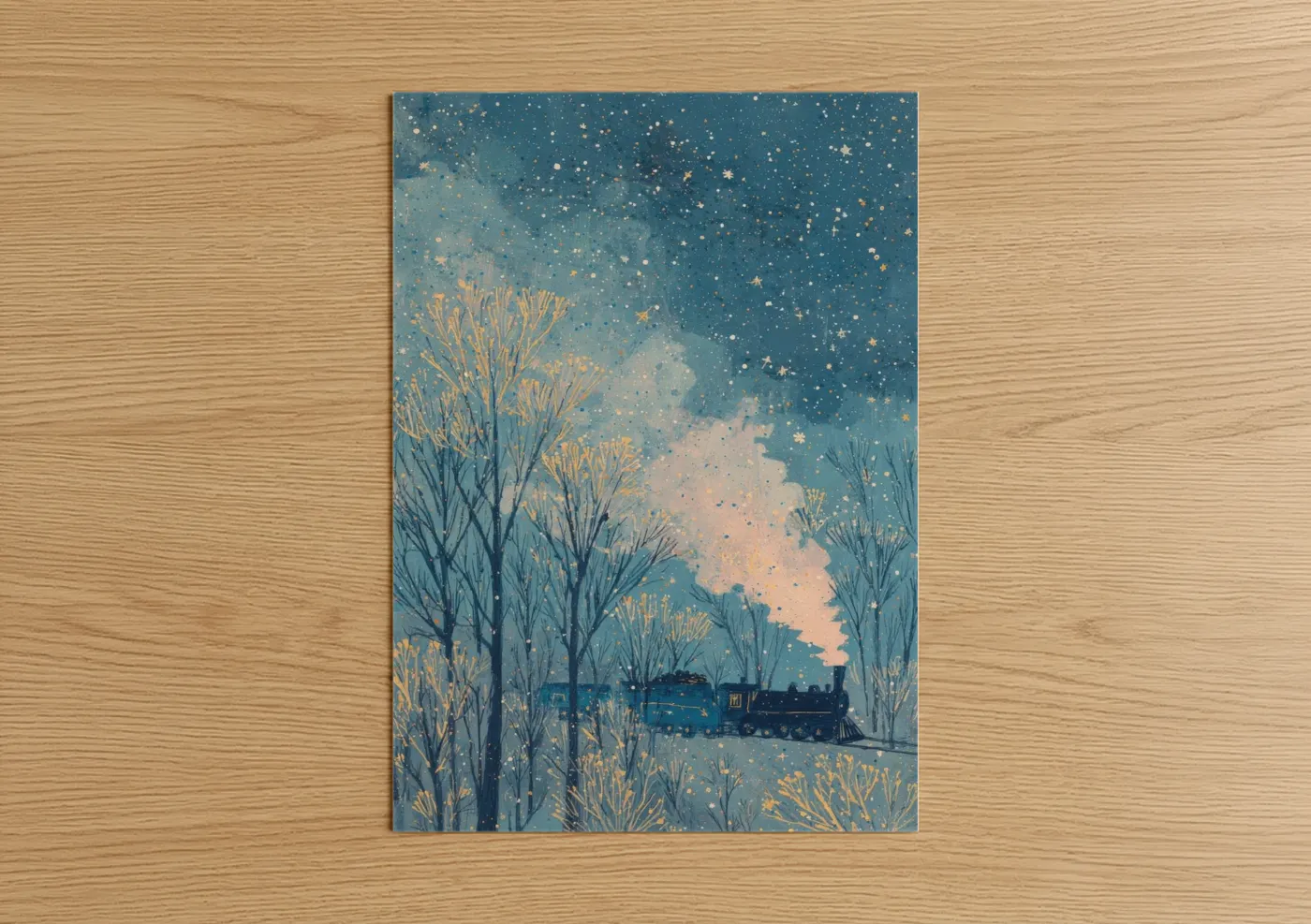 Art print on warm oak wood — blue and gold palette — Winter Train Journey poster
