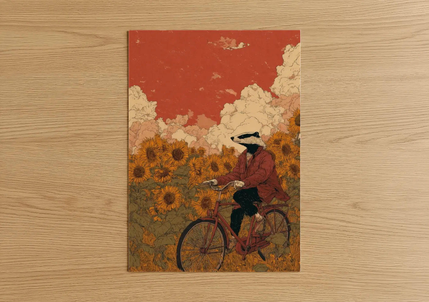 Badger Riding Bicycle Sunflower Field Wall Art
