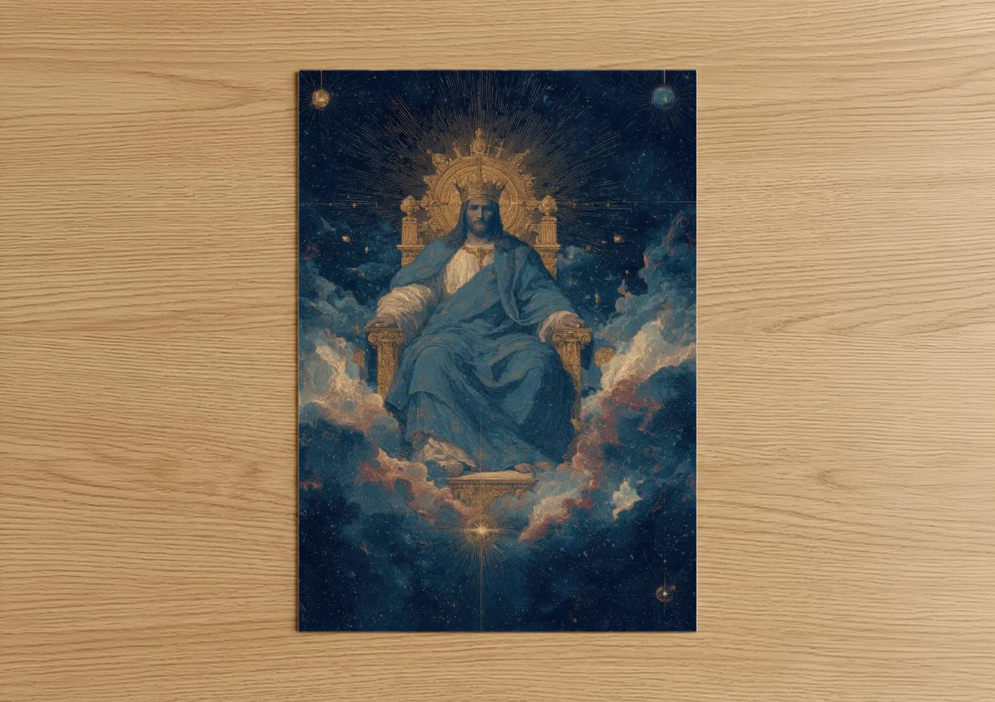 Jesus christ art print on warm oak wood — blue and gold and white palette — Celestial Christ poster