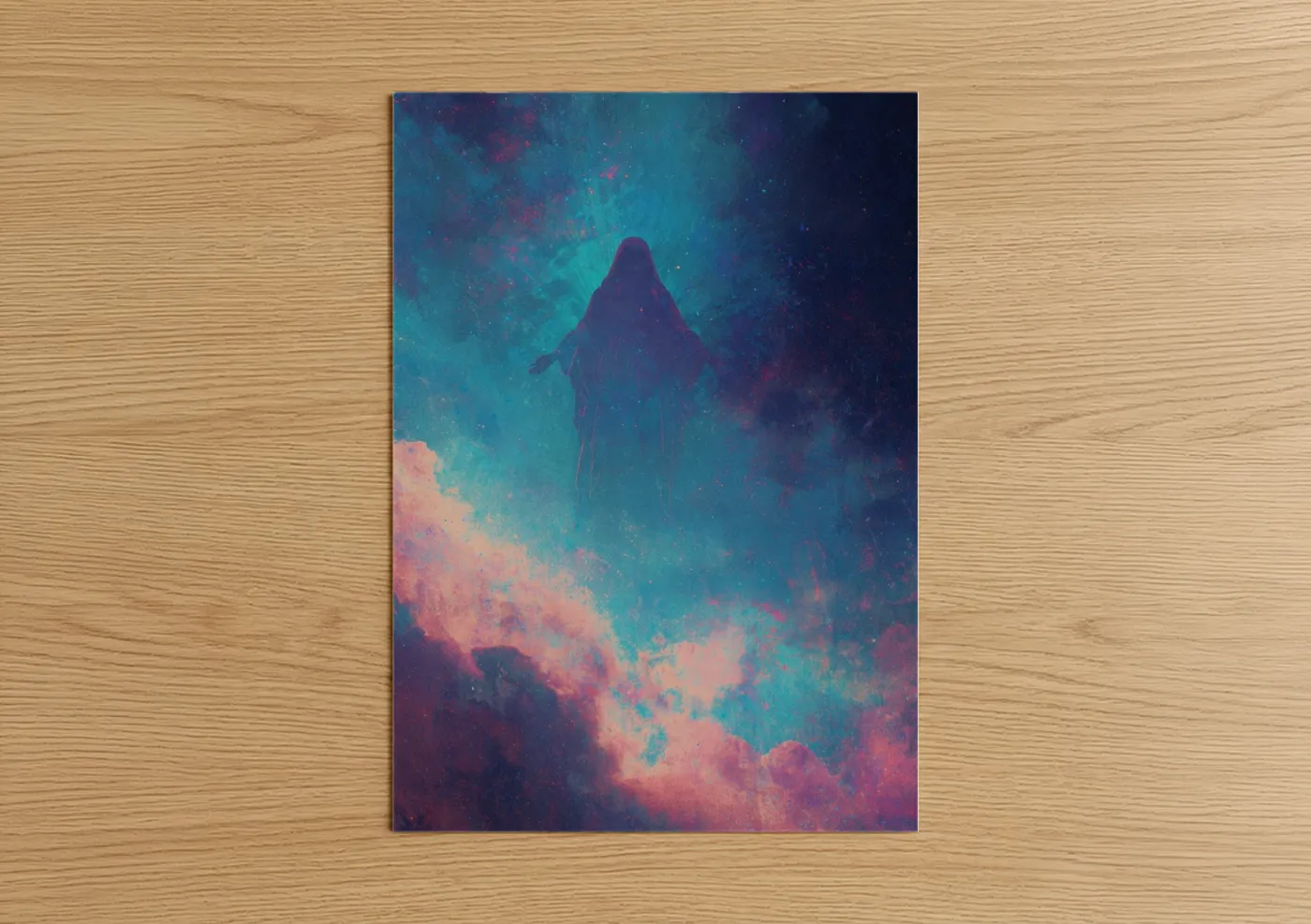 Art print on warm oak wood — turquoise and magenta palette — Ethereal Virgin Mary poster
