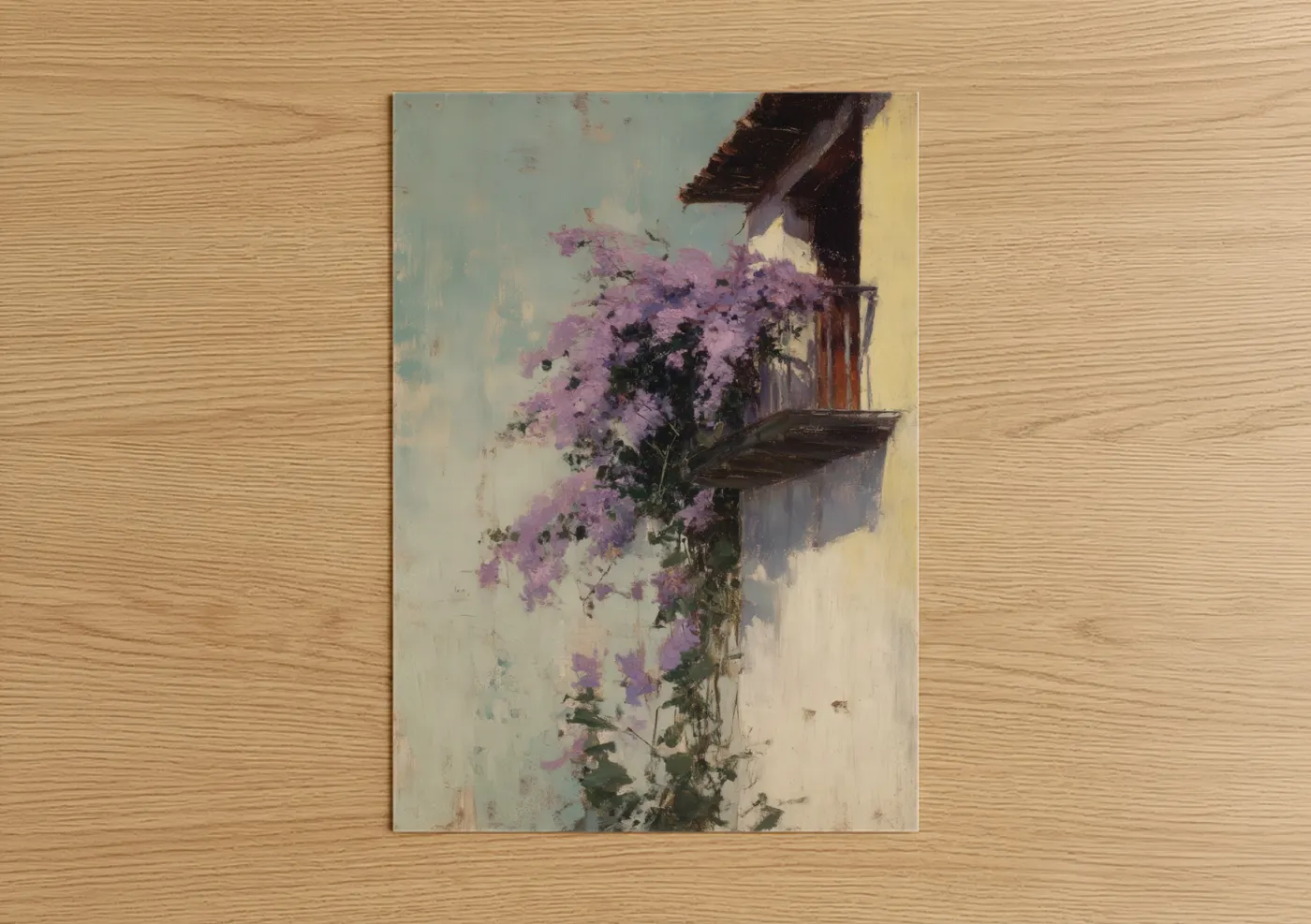 Art print on warm oak wood — lavender and cream palette — Cascading Lilac poster