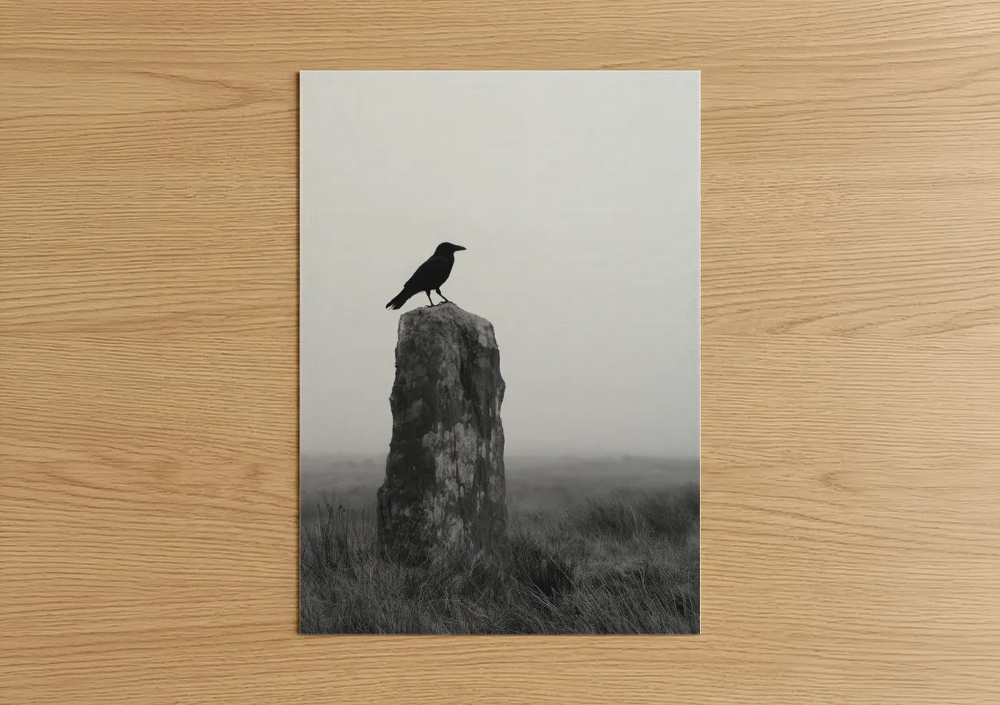 Solitary Raven on Stone Monochrome Wall Art
