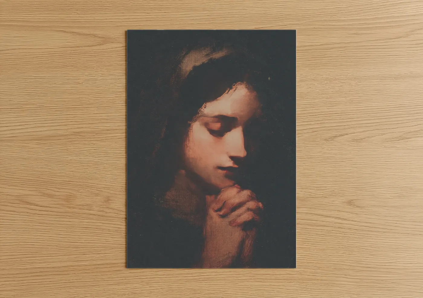 Mary magdalena art print on warm oak wood — peach and espresso palette — Contemplative Magdalena poster