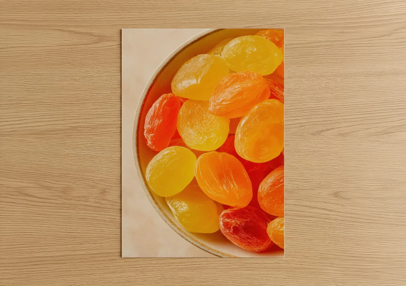 Sweet art print on warm oak wood — gold and orange palette — Citrus Candy Bowl poster