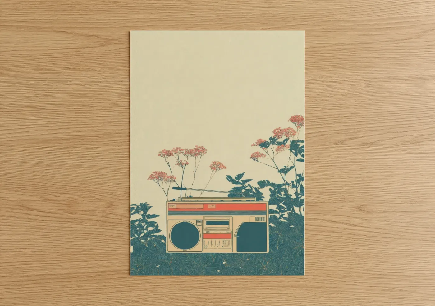 Art print on warm oak wood — cream and teal palette — Retro Boombox Garden poster