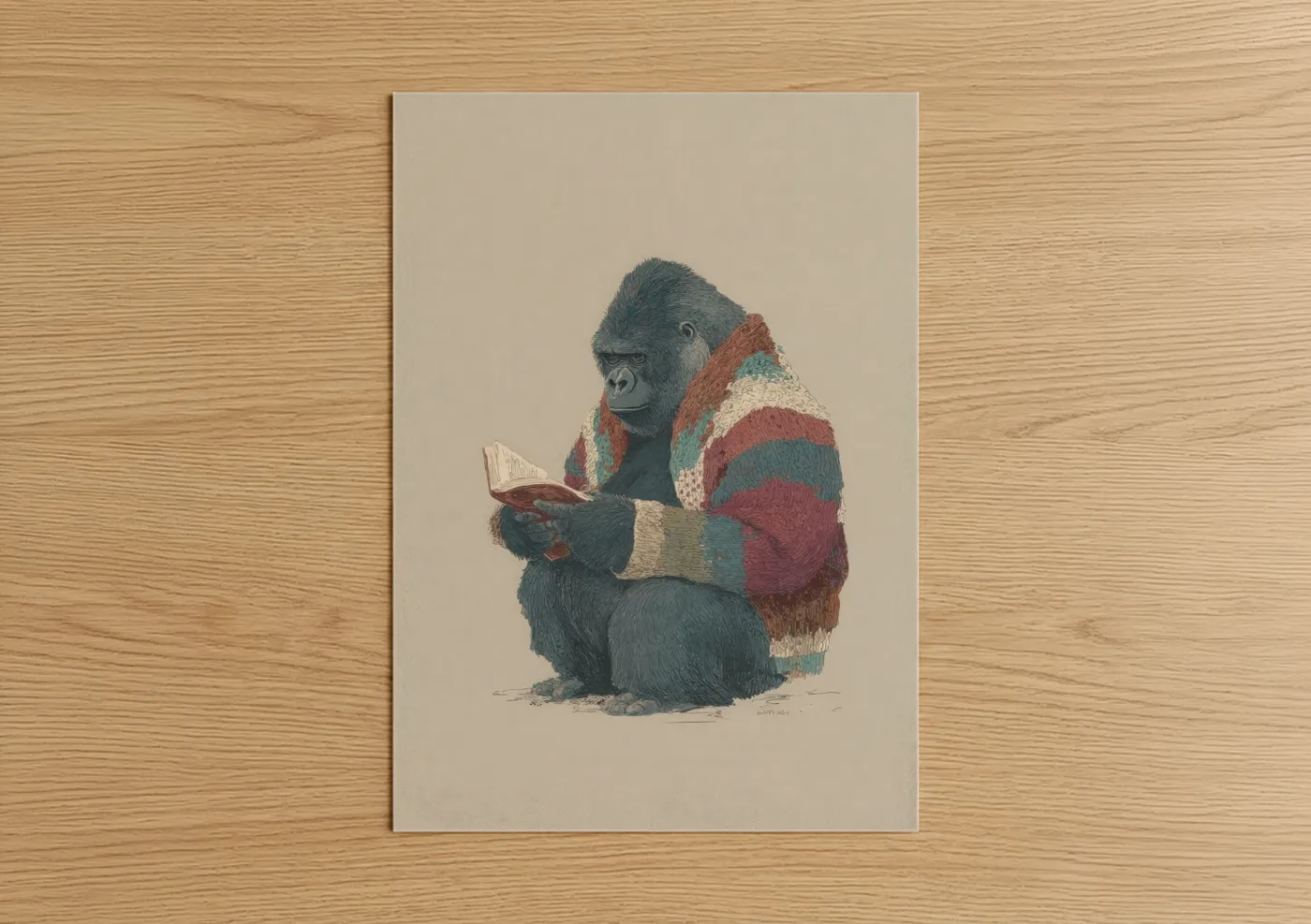 Art print on warm oak wood — cream and russet palette — Reading Gorilla poster
