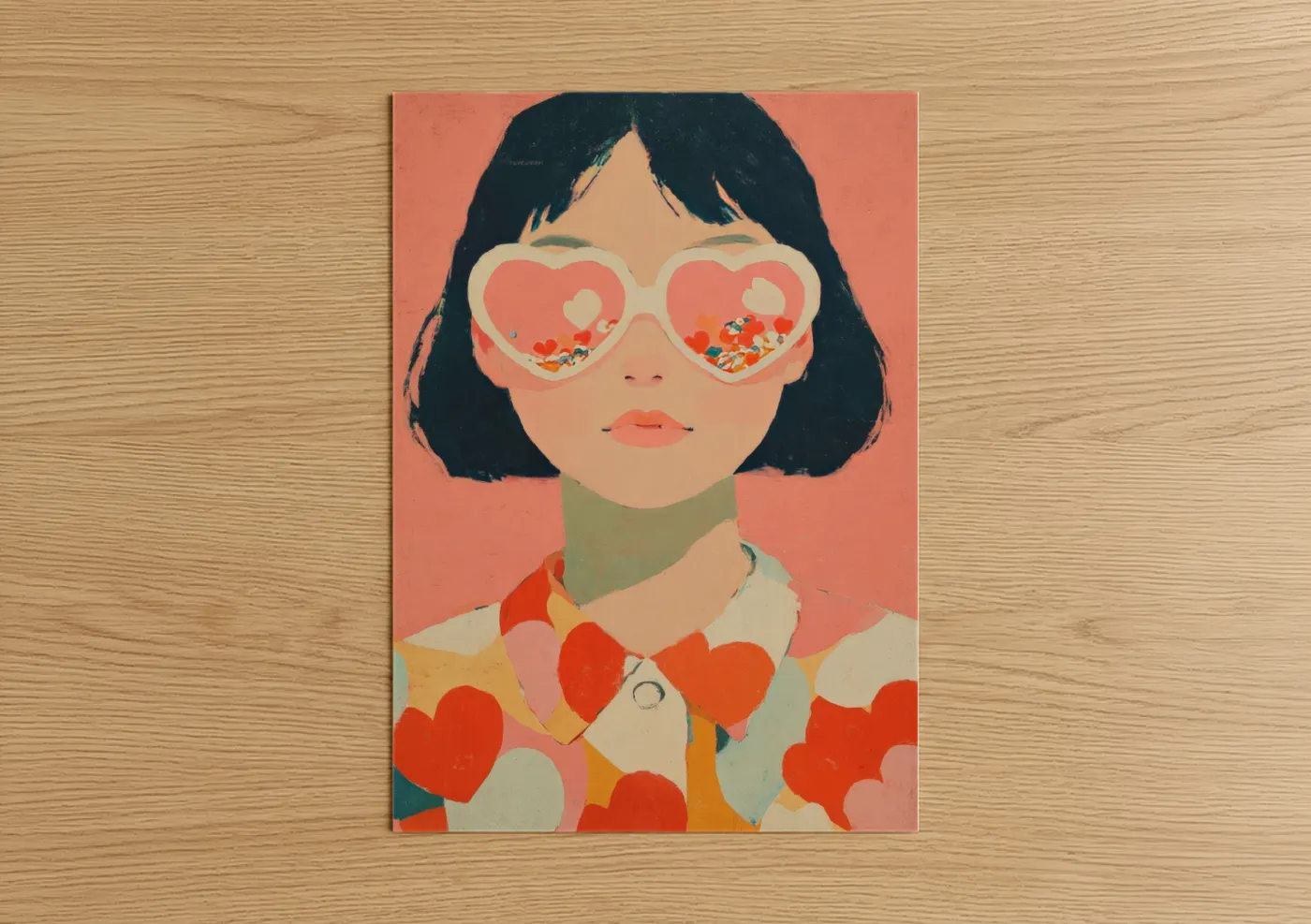Art for girl art print on warm oak wood — salmon pink and red palette — Love Vision Girl poster