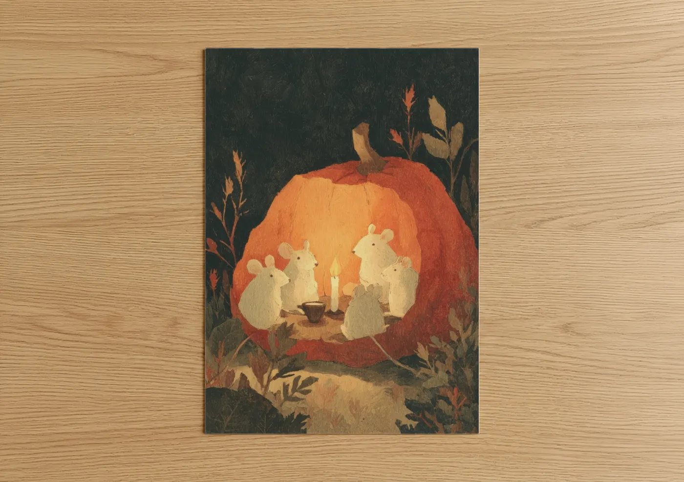 Art print on warm oak wood — orange and black palette — Cozy Mice Gathering poster