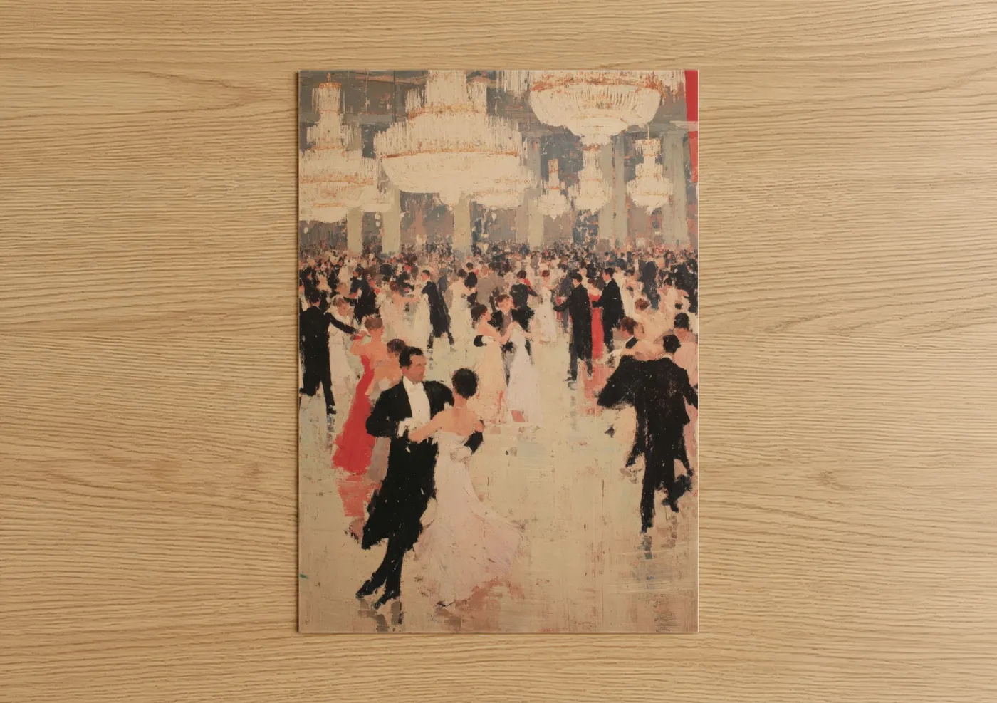 Art print on warm oak wood — cream and black palette — Ballroom Dance poster