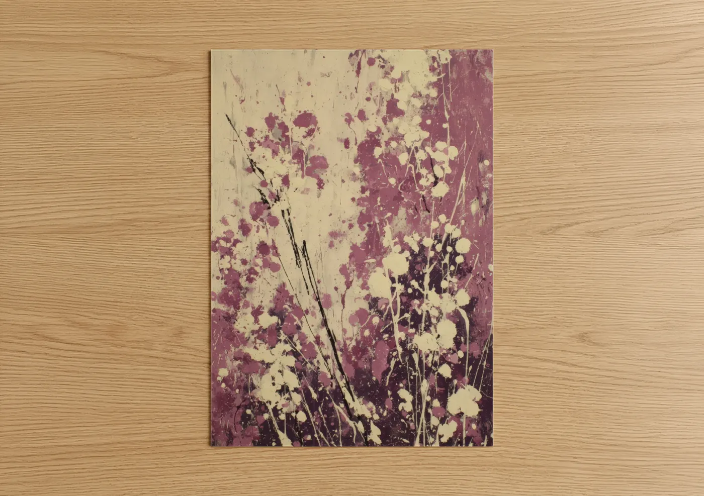 Art print on warm oak wood — maroon and cream palette — Vintage Wisteria poster