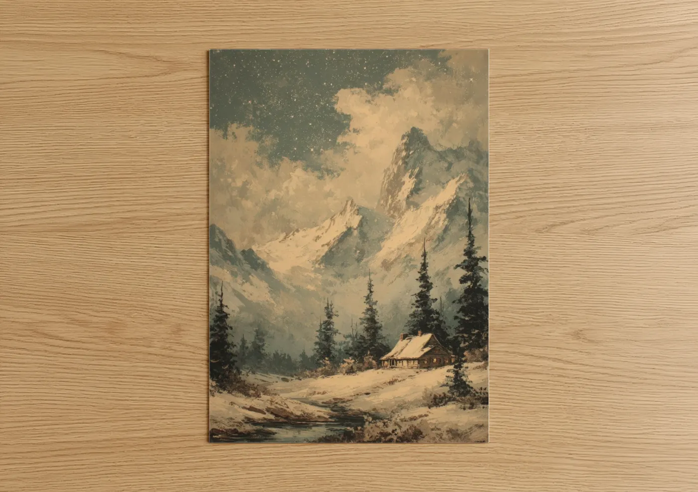 Snowy mountains art print on warm oak wood — cream and sage green palette — Alpine Cabin Winter poster