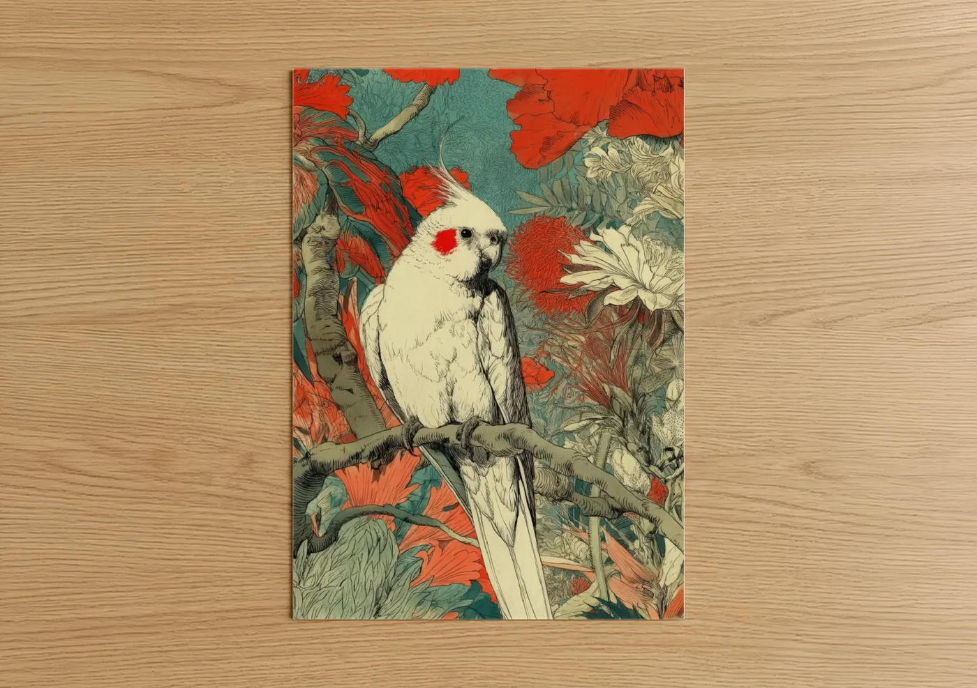 White Cockatiel With Red Crest Illustration Wall Art