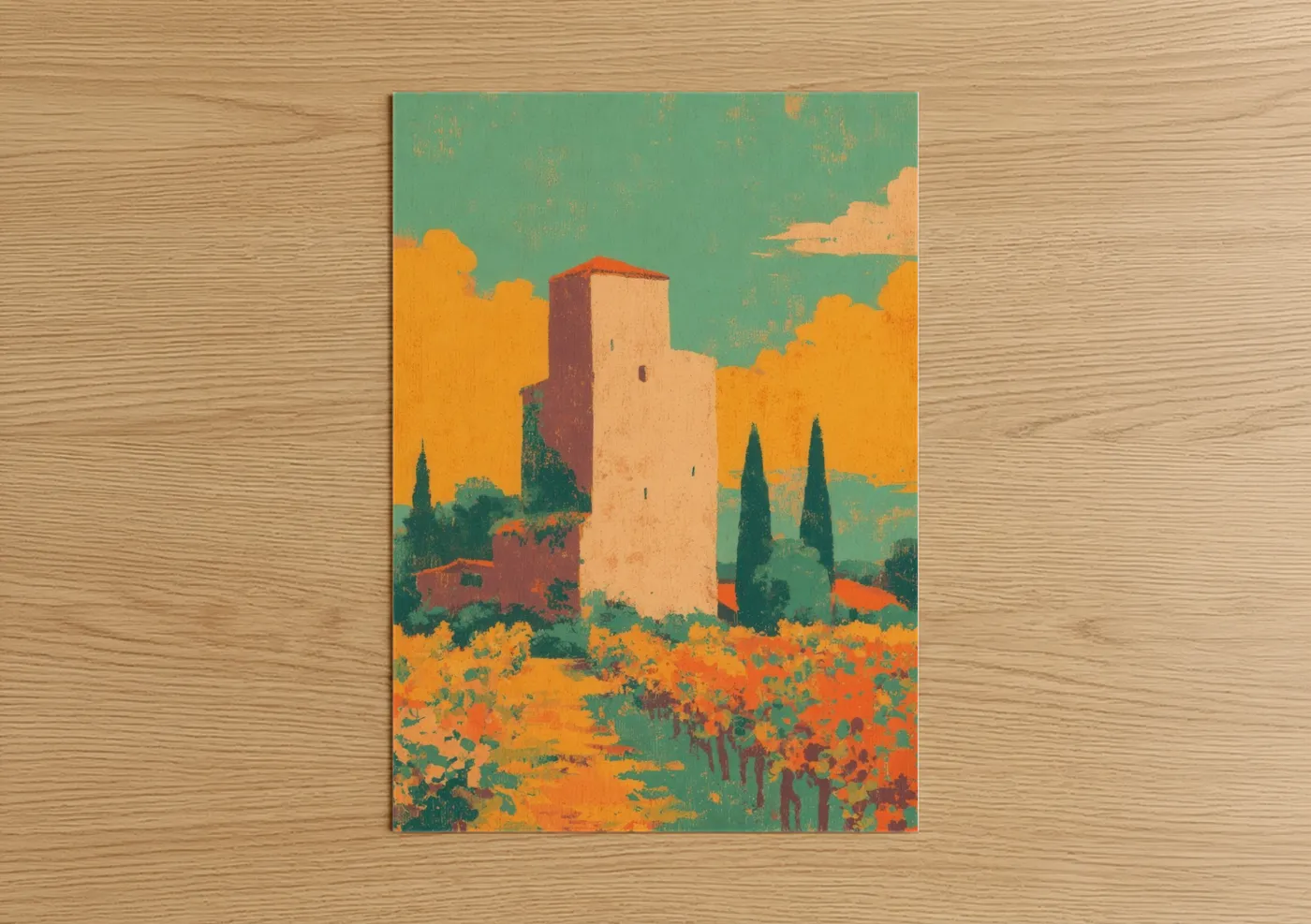 Towers art print on warm oak wood — gold and teal palette — Tuscan Tower Landscape poster