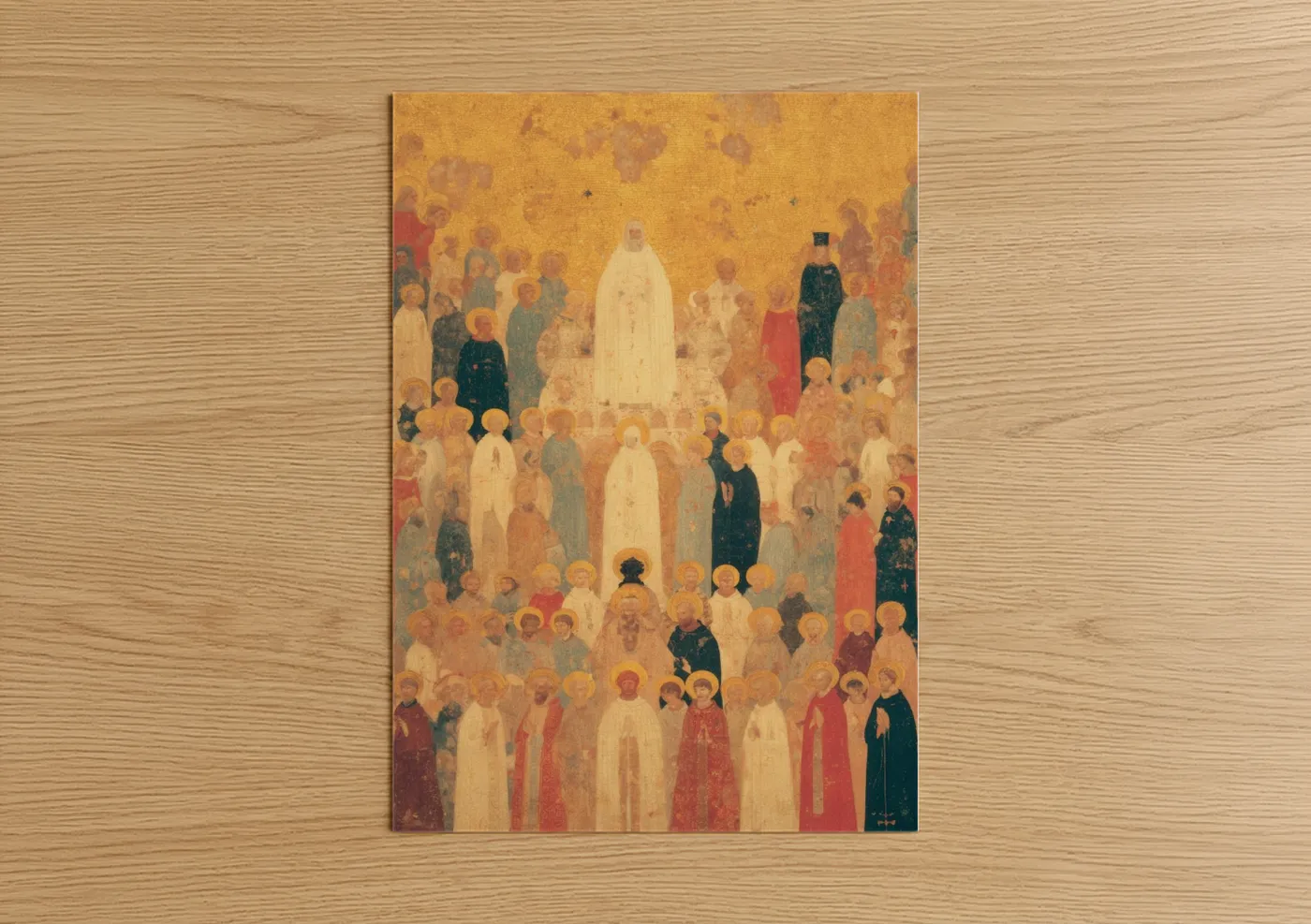 All saints day art print on warm oak wood — gold and cream palette — Heavenly Congregation poster