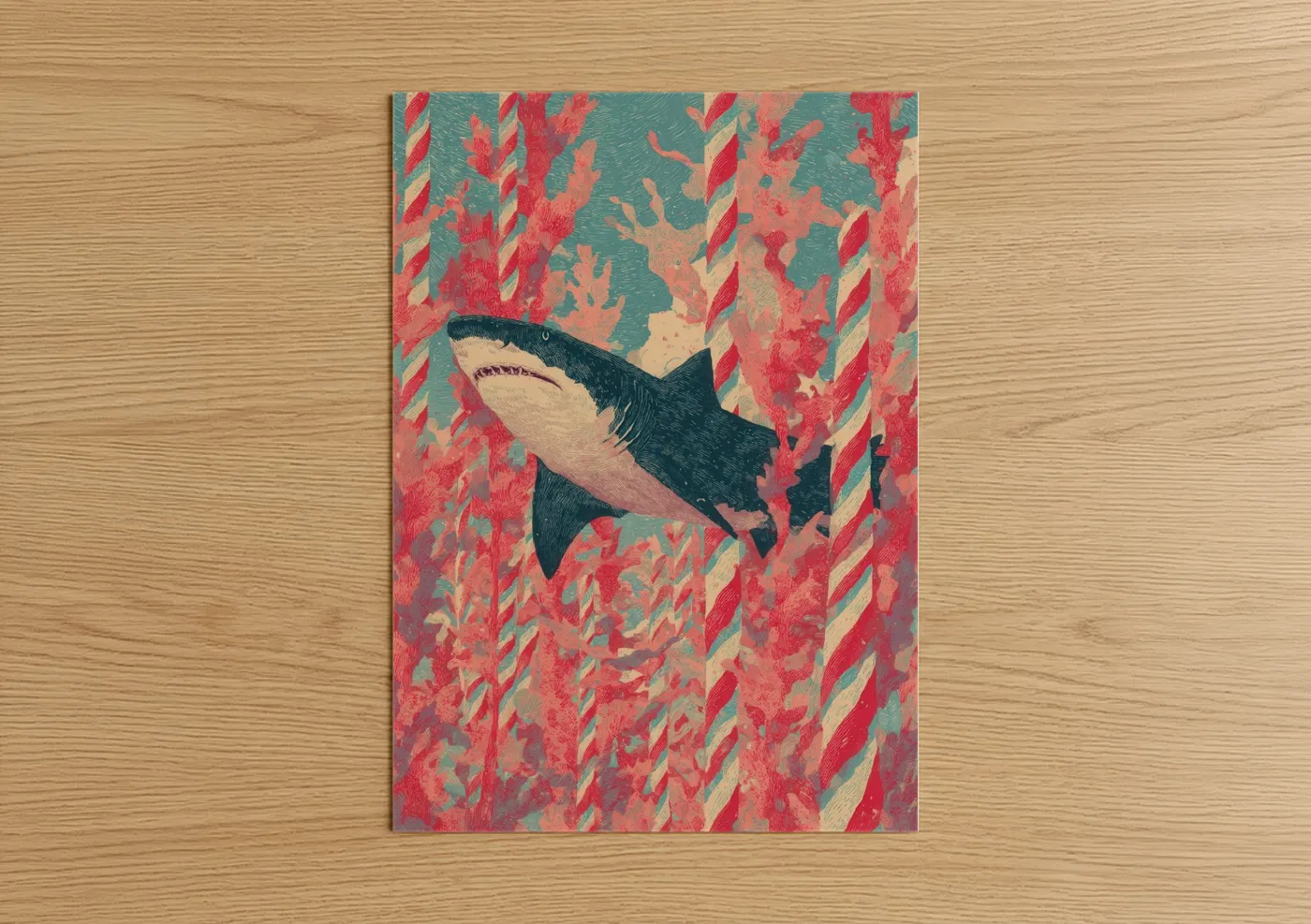 Sand tiger shark art print on warm oak wood — salmon pink and teal palette — Coral Shark poster