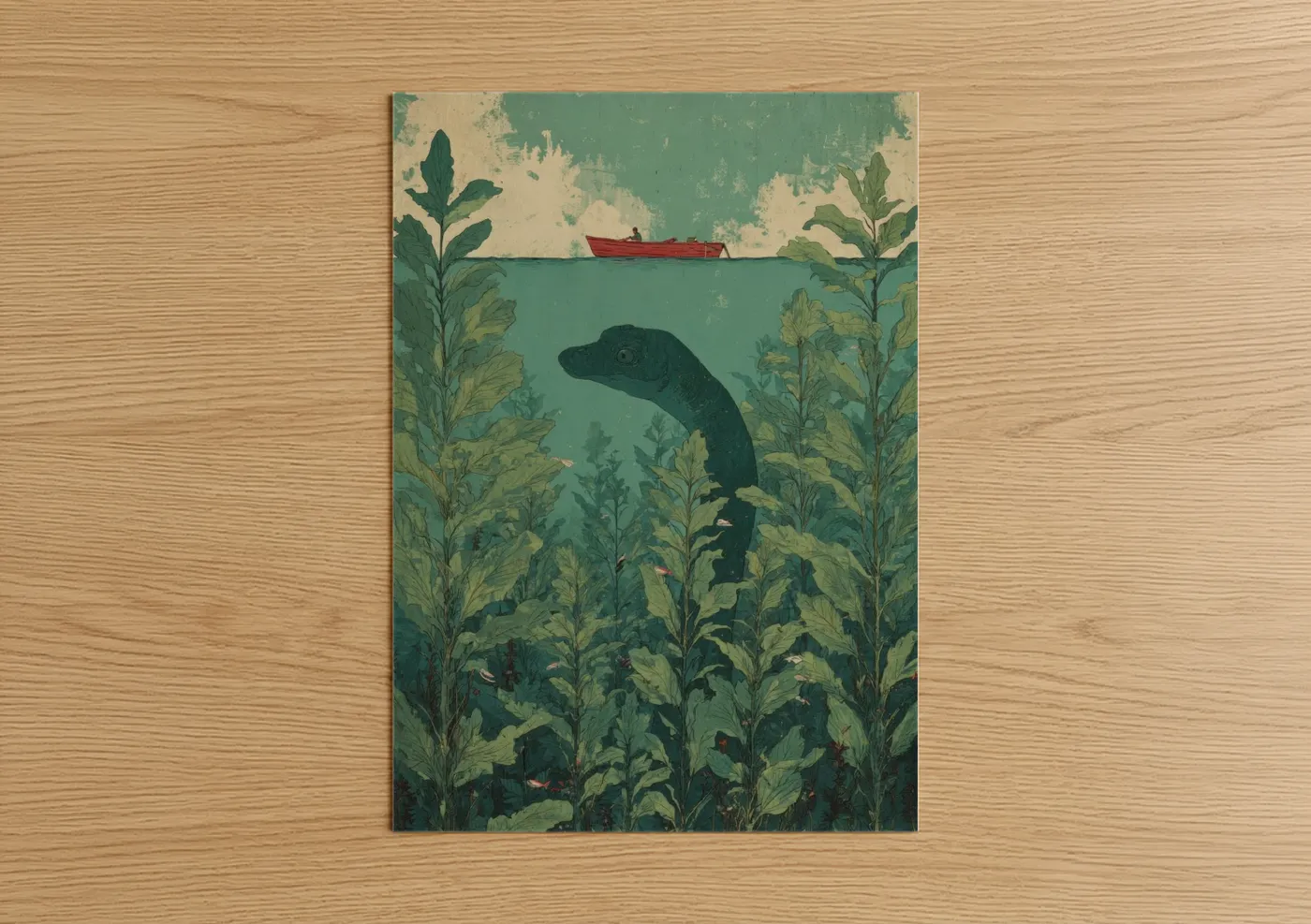 Loch ness monster art print on warm oak wood — teal and beige palette — Loch Ness Mystery poster