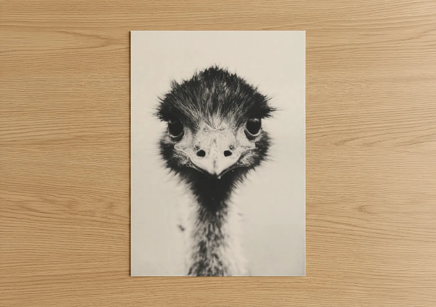 Art print on warm oak wood — black and white palette — Curious Ostrich poster