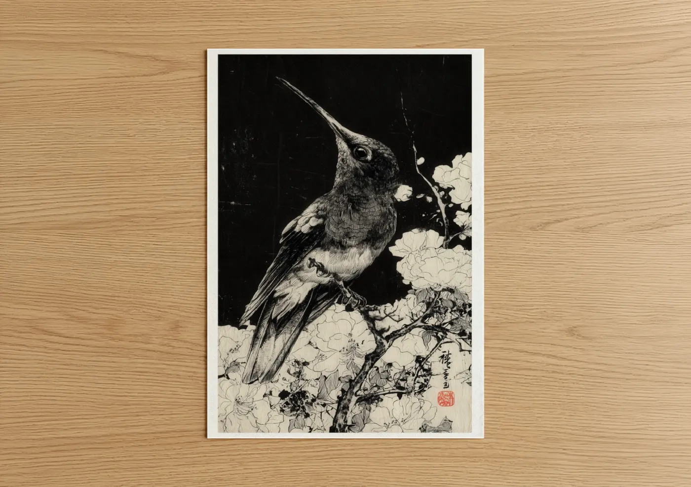 Hummingbird Among White Flowers Woodblock Wall Art