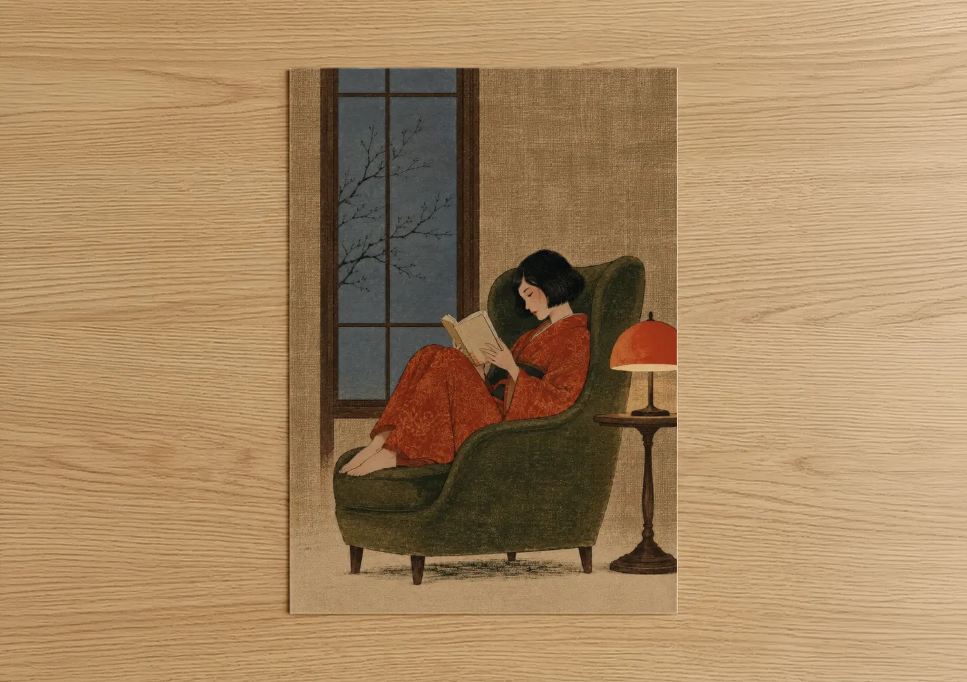 Art print on warm oak wood — orange and beige palette — Woman Reading by Window Wall Art poster