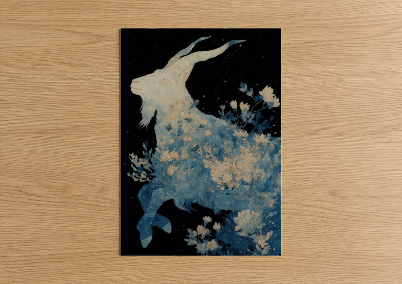 Art print on warm oak wood — blue and cream palette — Celestial Capricorn poster