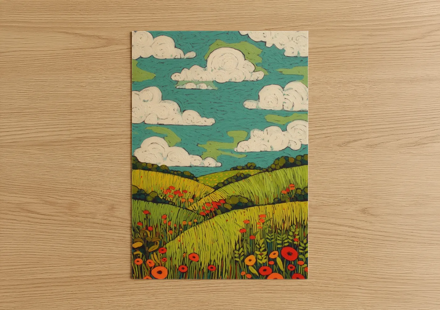 Art print on warm oak wood — teal and lime green palette — Spring Meadow poster