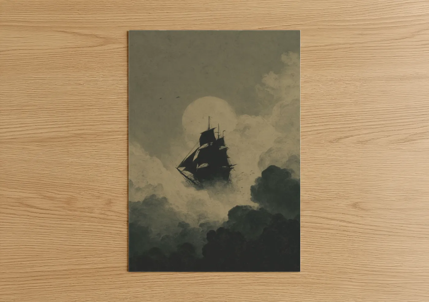Dark fantasy art print on warm oak wood — black and white and cream palette — Phantom Galleon poster