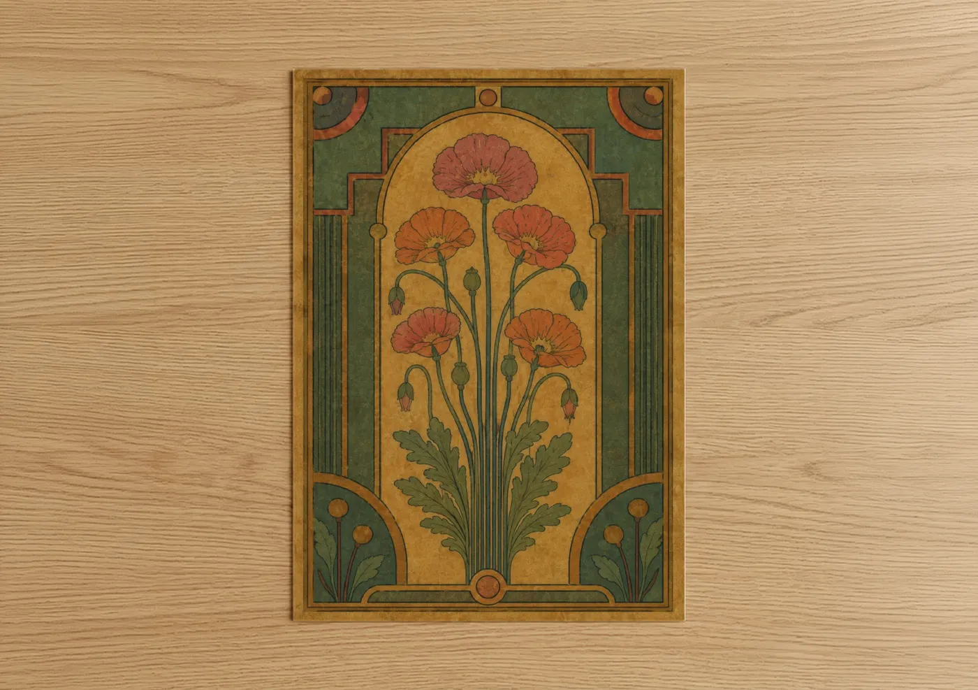 Poppies art print on warm oak wood — gold and olive palette — Art Deco Poppy Flower Wall Art poster