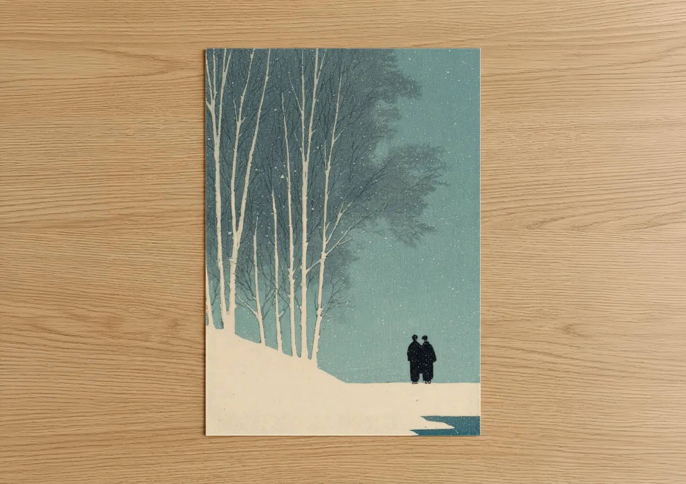 Snowy Couple Winter Romance Illustration Wall Art