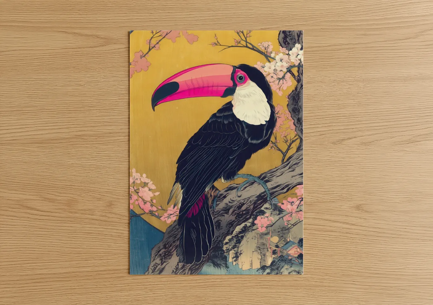Magenta Toucan Japanese Woodblock Wall Art