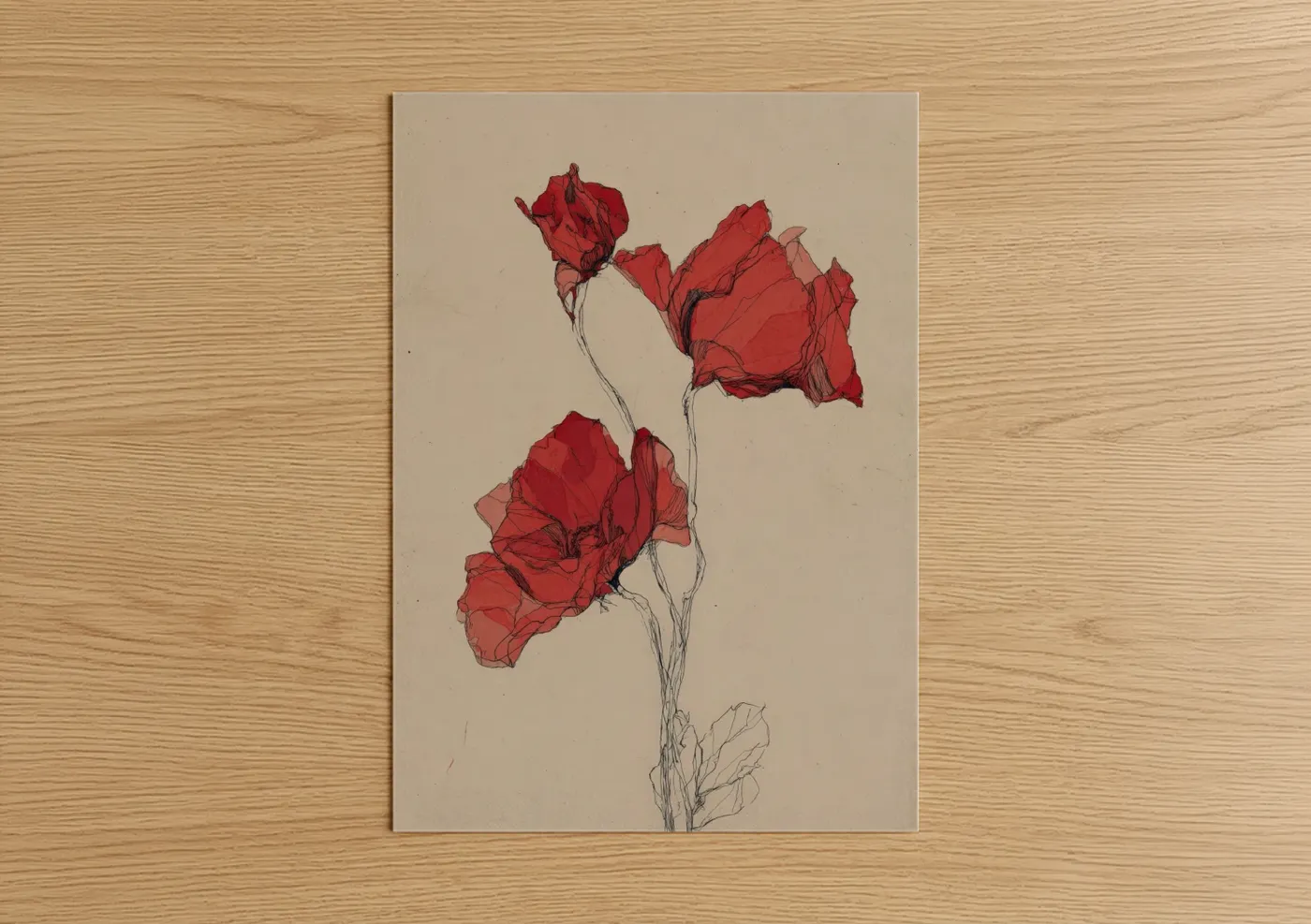 Crimson Poppies Line Art Illustration Wall Art