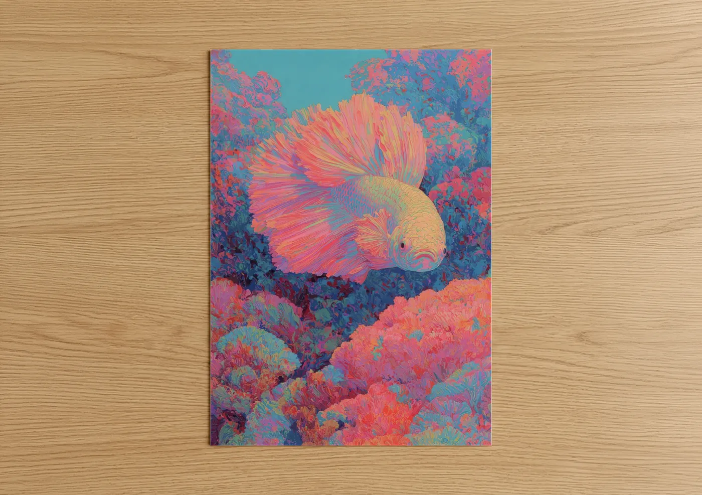 Art print on warm oak wood — pink and blue palette — Coral Betta Fish poster