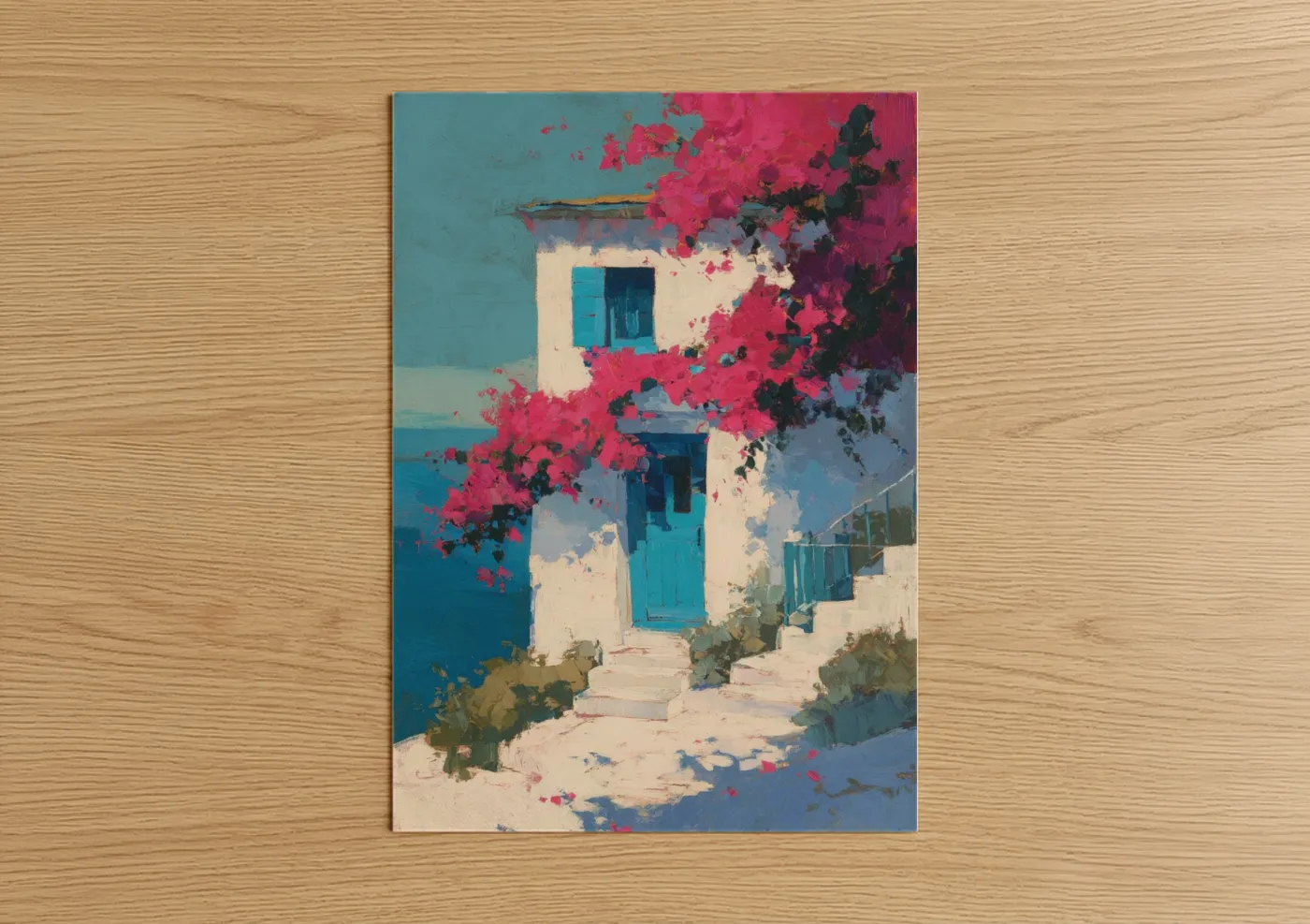 Art print on warm oak wood — blue and magenta palette — Bougainvillea Cottage poster