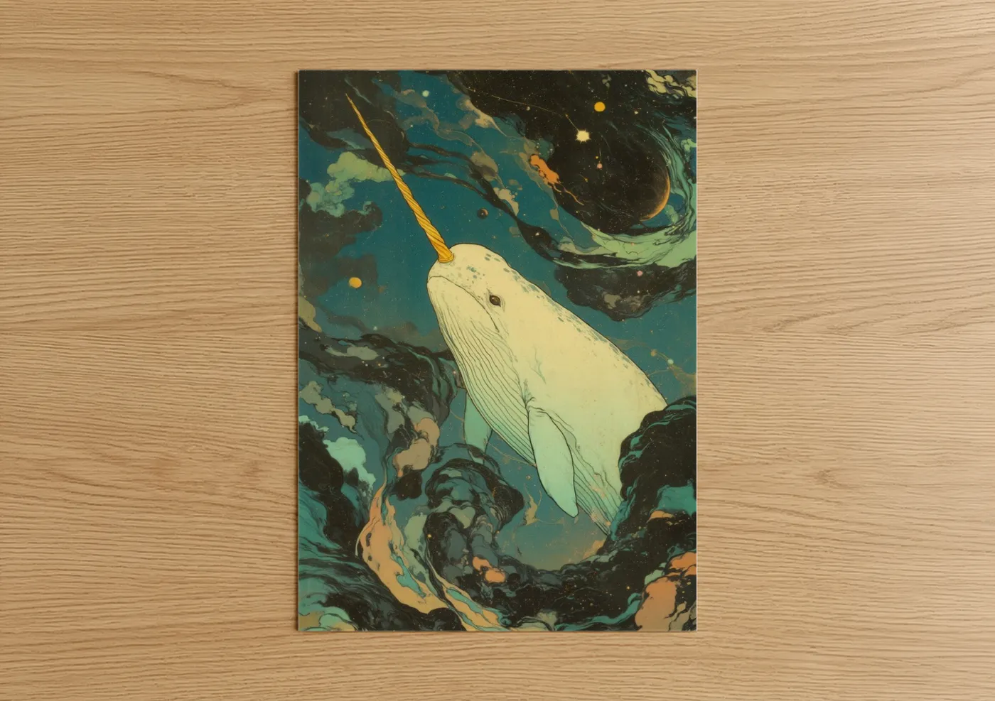 Art print on warm oak wood — teal and gold palette — Cosmic Narwhal poster
