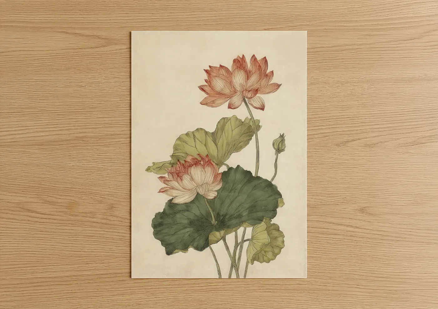 Art print on warm oak wood — cream and sage green palette — Pink Lotus Bloom poster