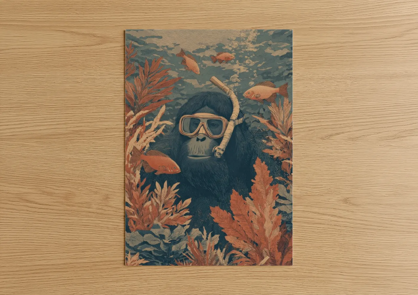 Art print on warm oak wood — teal and russet palette — Snorkeling Orangutan poster