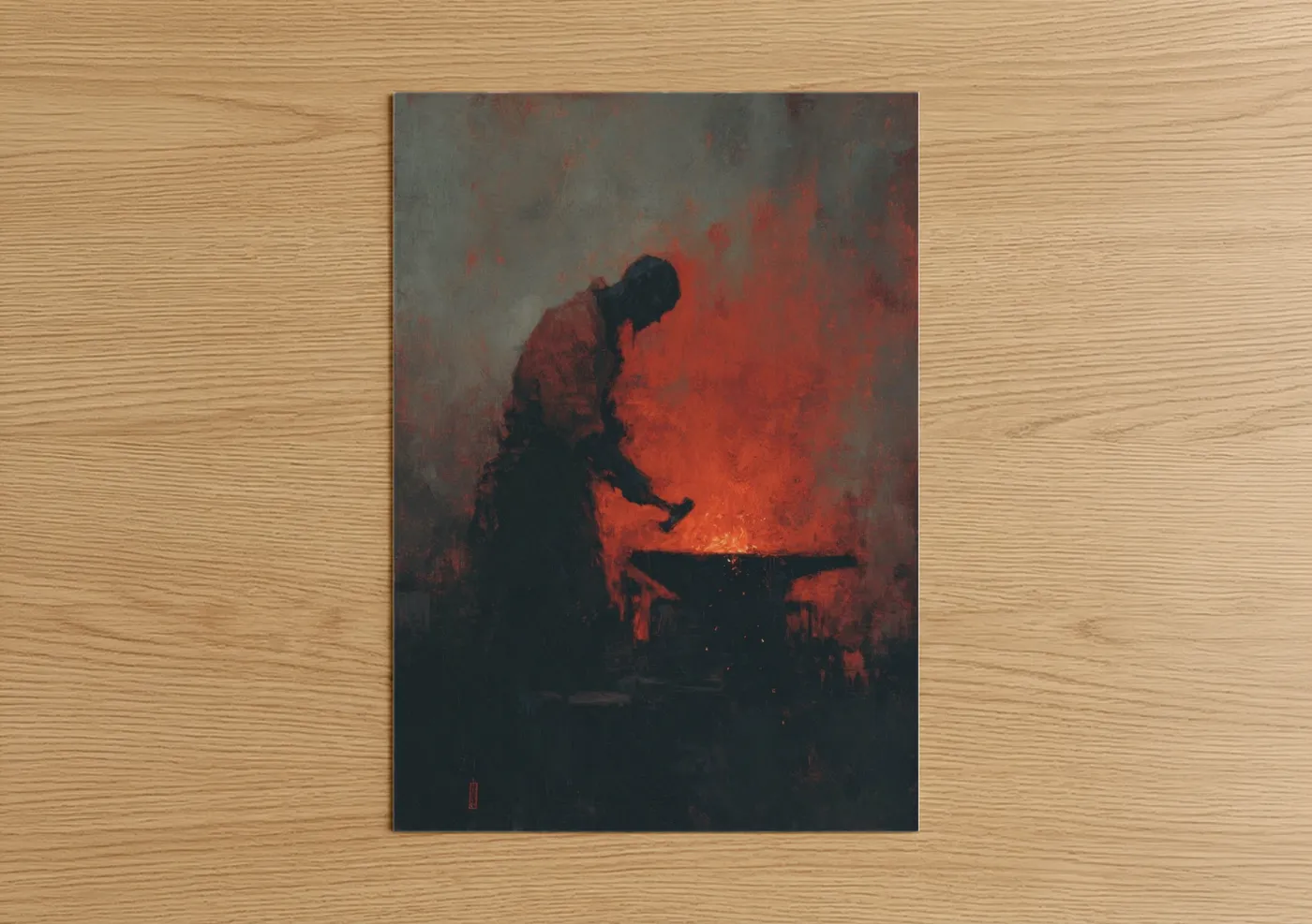Art print on warm oak wood — red and black palette — Elf Blacksmith poster