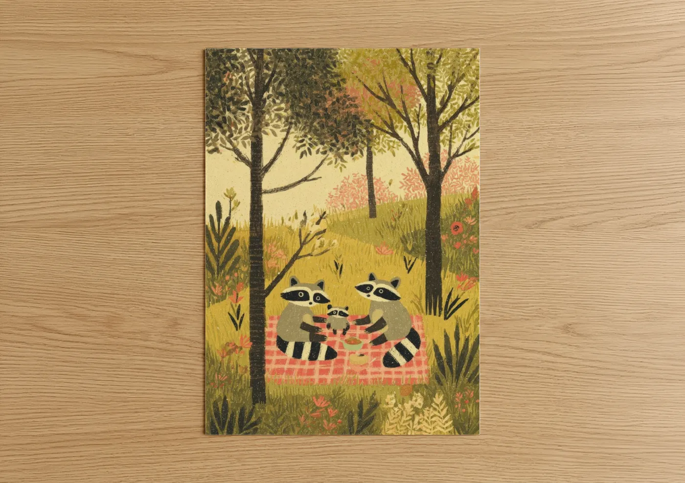 Raccoon Picnic Forest Illustration Wall Art