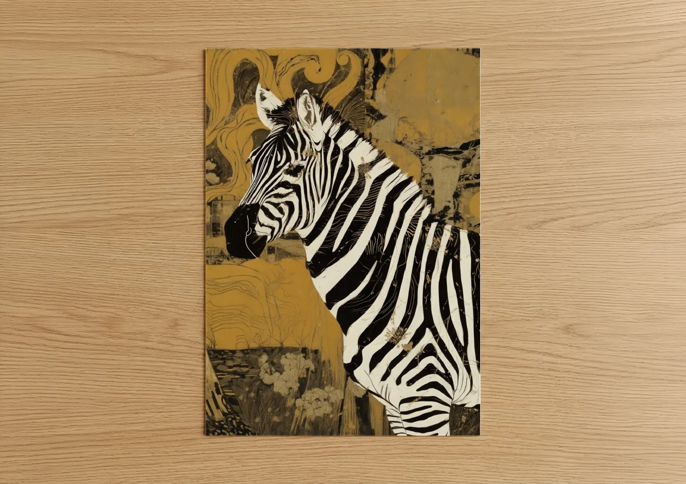 Art print on warm oak wood — gold and black and white palette — Golden Zebra poster
