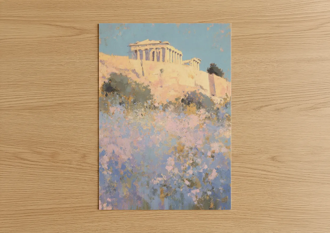 Art print on warm oak wood — gold and lavender palette — Golden Parthenon poster