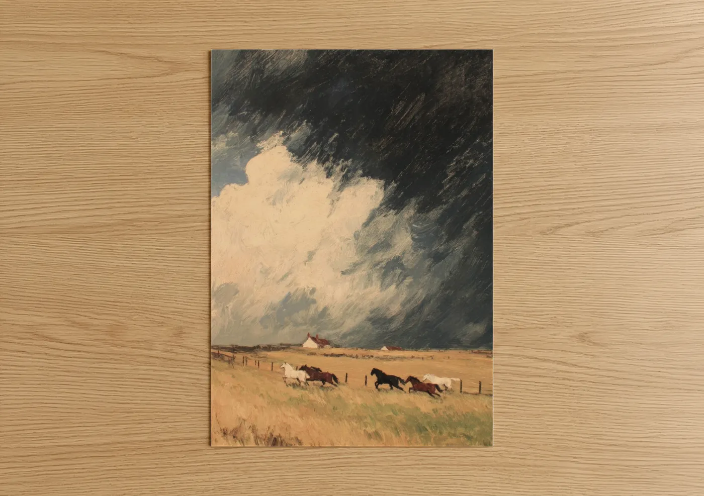 Art print on warm oak wood — gold and black palette — Storm Farm Landscape poster