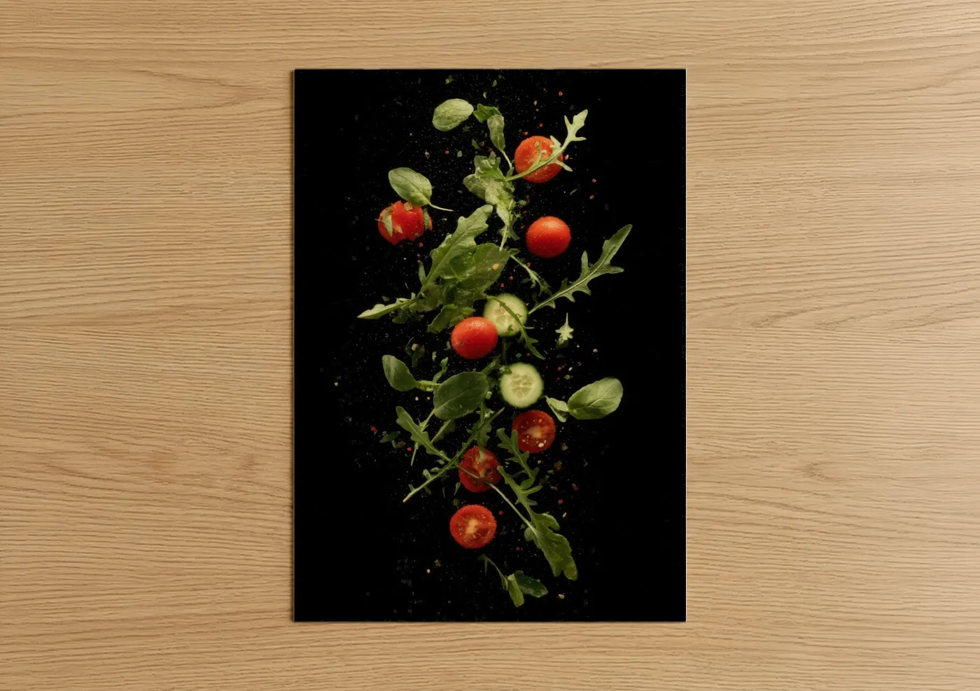 Art print on warm oak wood — red and green palette — Fresh Garden Salad poster