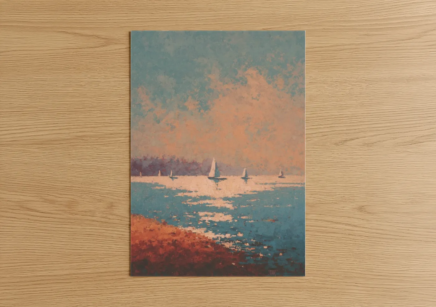 Sailing ship art print on warm oak wood — peach and teal palette — Golden Hour Sailing poster