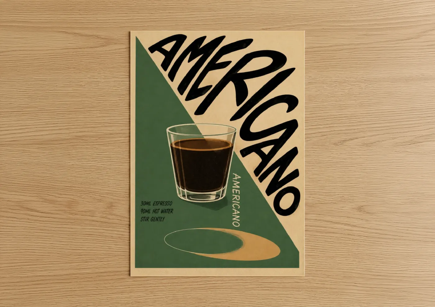 Art print on warm oak wood — sage green and beige palette — Americano Coffee Retro Recipe Wall Art poster