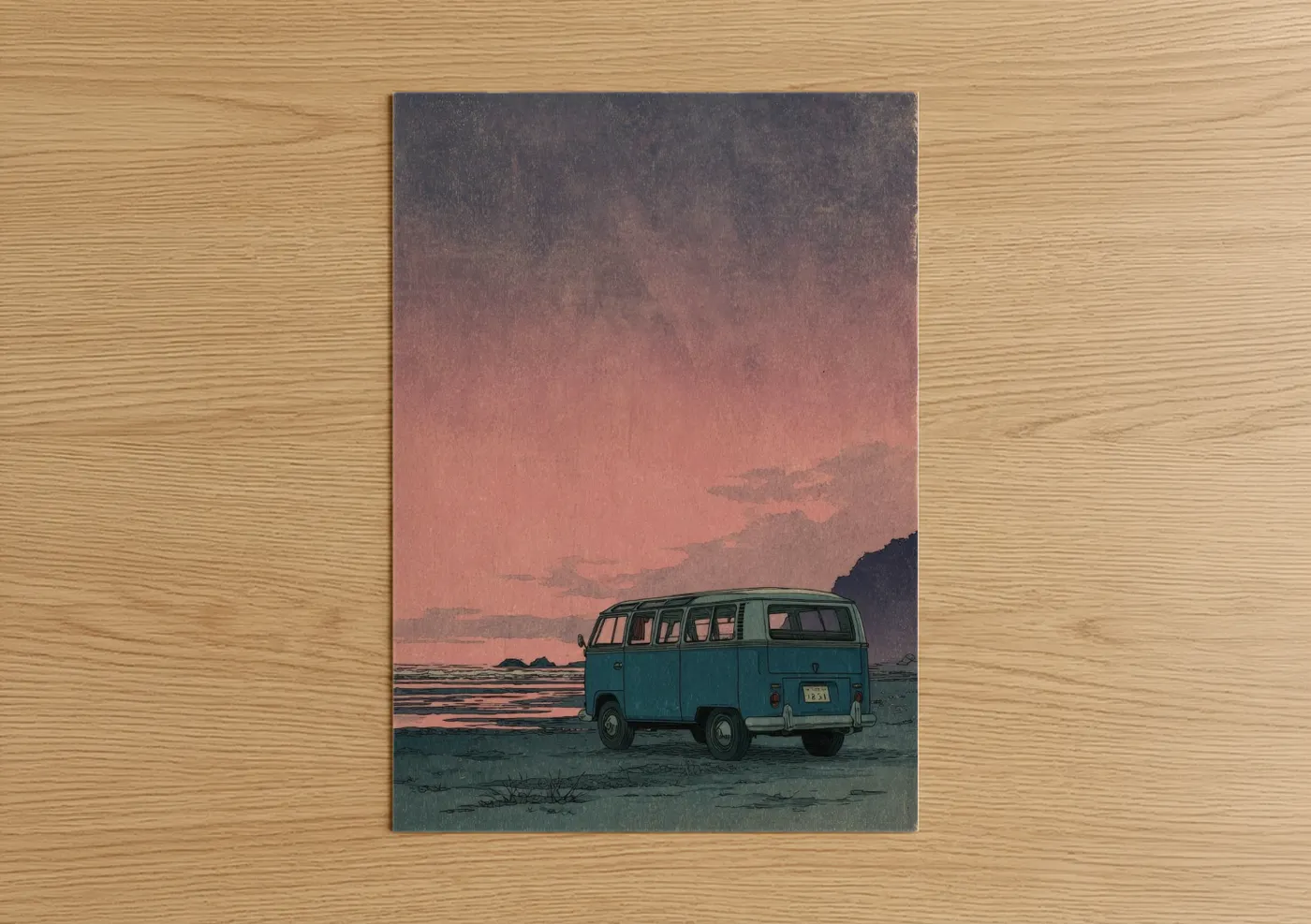 Vintage Van Beach Sunset Illustration Wall Art