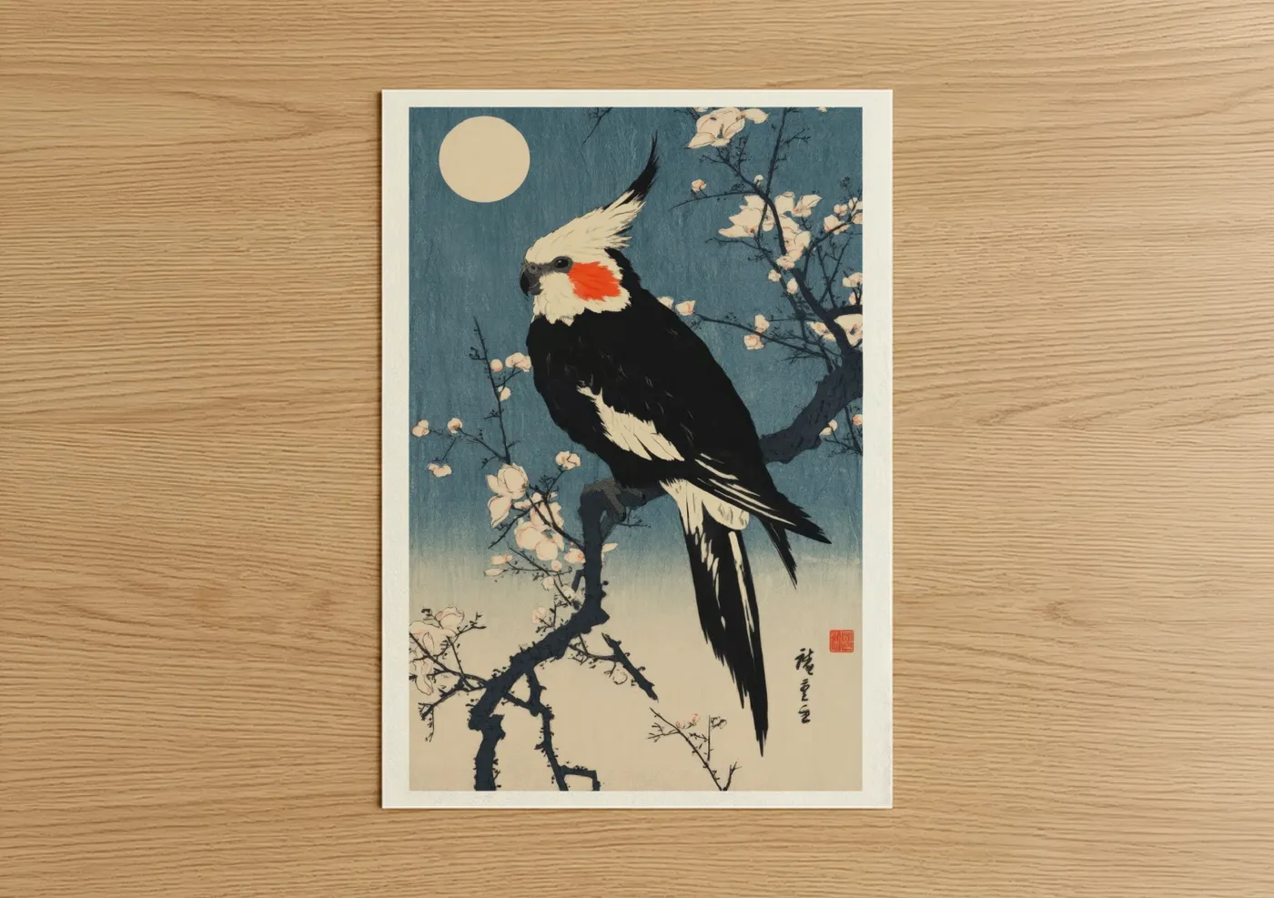 Moonlit Cockatiel Japanese Woodblock Wall Art