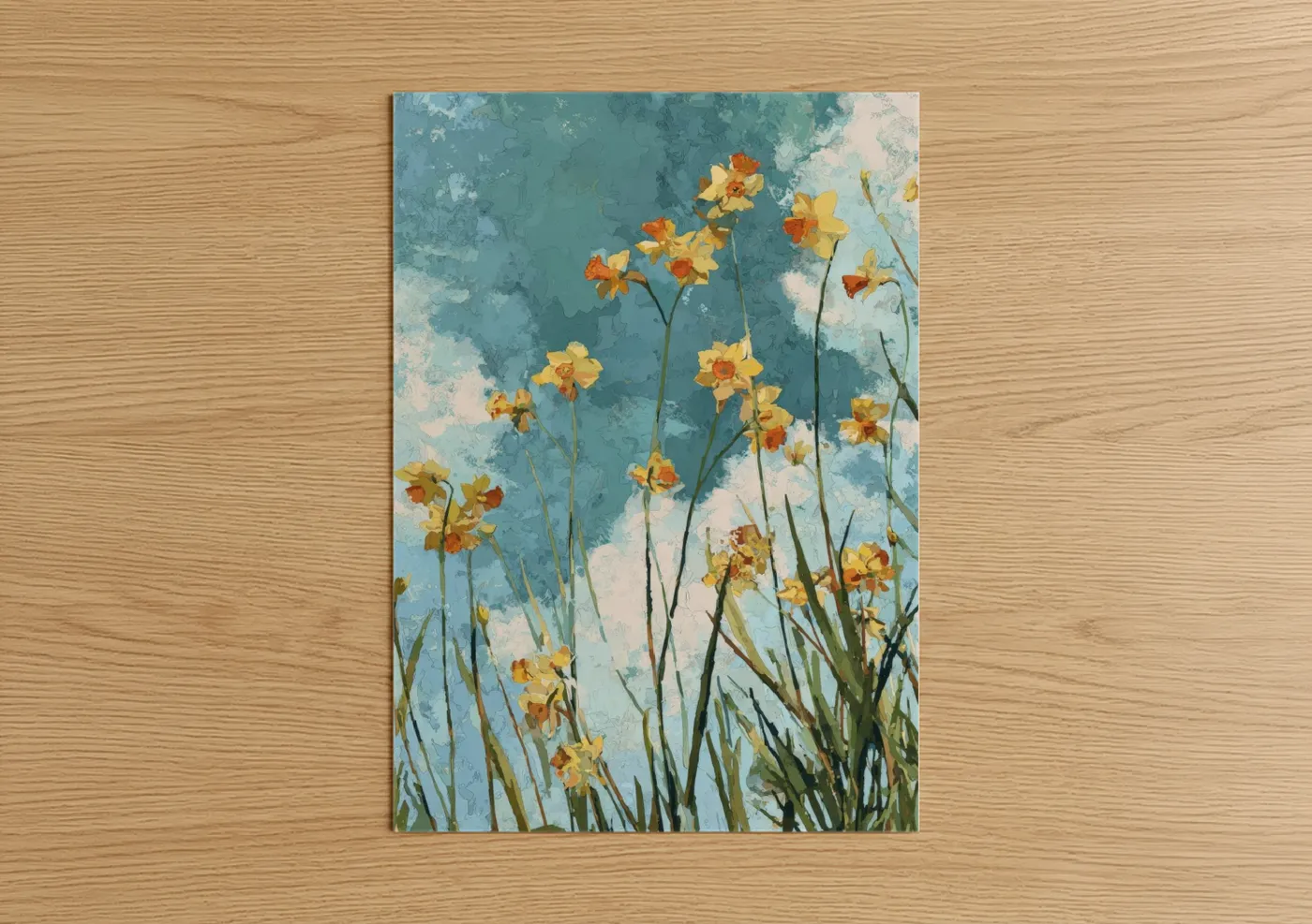 Art print on warm oak wood — blue and yellow gold palette — Spring Daffodils poster