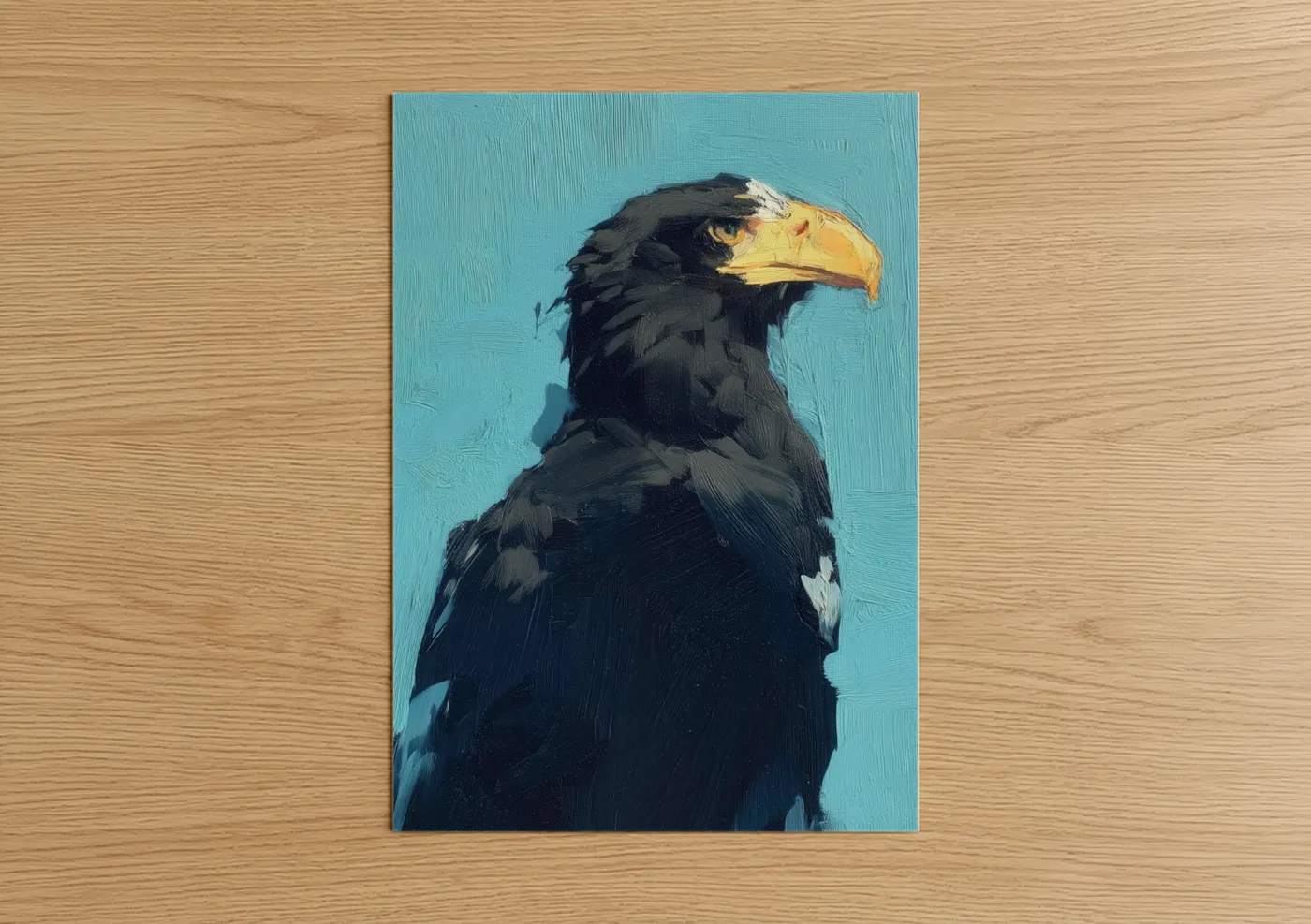 Art print on warm oak wood — blue and gold palette — Golden Eagle Portrait poster