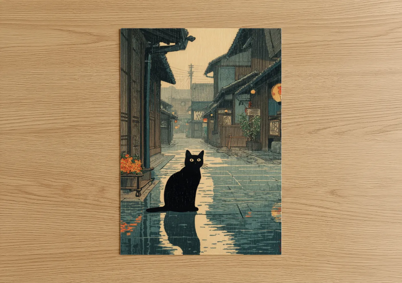 Black Cat Rainy Street Japanese Wall Art